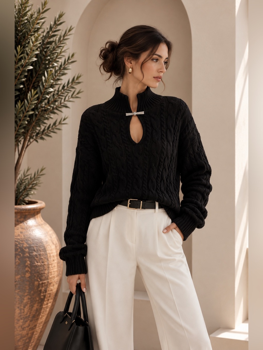 Commense Black 100% Cotton Keyhole Knit Top M | Silver Clasp